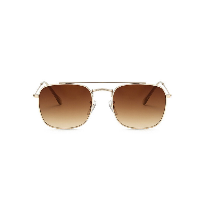 Front view of brown, small square sunglasses, with brown tinted lenses.