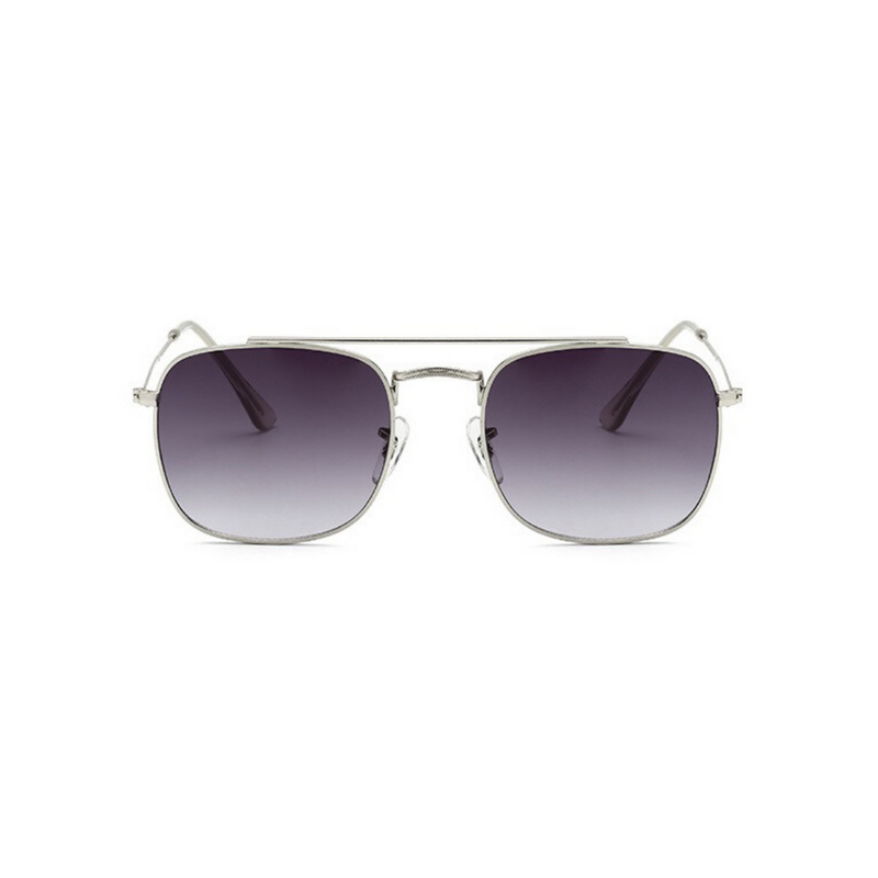 Front view of grey, small square sunglasses, with grey tinted lenses