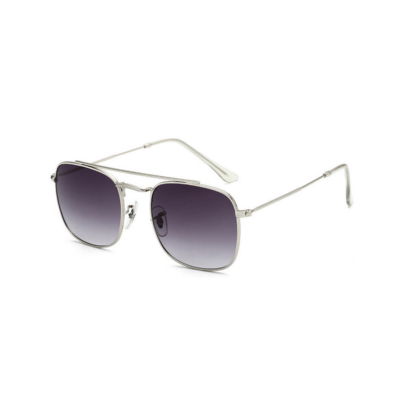Side view of grey, small square sunglasses, with grey tinted lenses