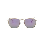 Front view of purple, small square sunglasses, with mirror lenses.