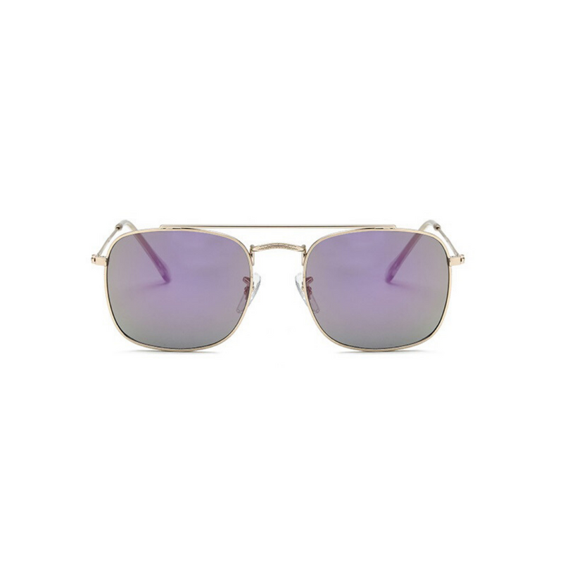 Front view of purple, small square sunglasses, with mirror lenses.