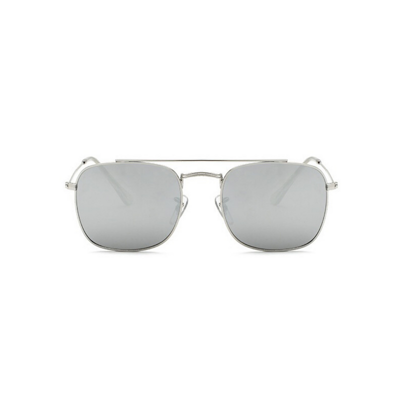 Front view of silver, small square sunglasses, with mirror lenses.