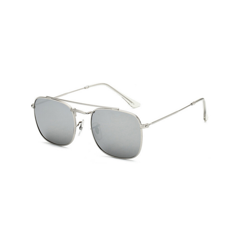 Side view of silver, small square sunglasses, with mirror lenses.