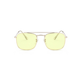 Front view of yellow, small square sunglasses, with tinted lenses.