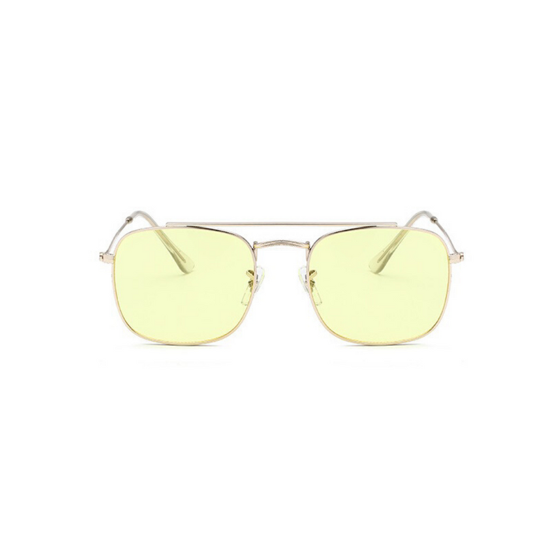 Front view of yellow, small square sunglasses, with tinted lenses.