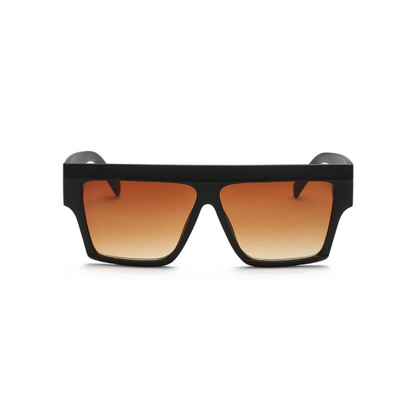 Front view of black, flat square sunglasses, with brown gradient lenses.