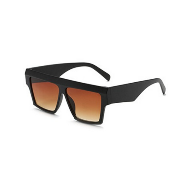Side view of black, flat square sunglasses, with brown gradient lenses. 