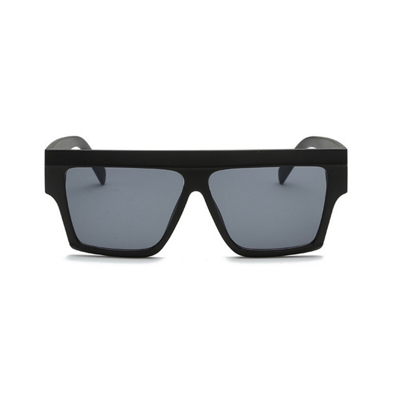 Front view of black, square sunglasses, with dark lenses.