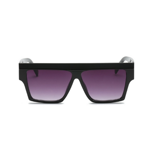 Front view of black, square sunglasses, with black gradient lenses.