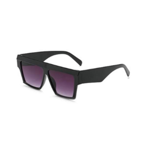 Side view of black, square sunglasses, with black gradient lenses.