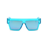 Front view of blue, flat square sunglasses, with mirror lenses. 