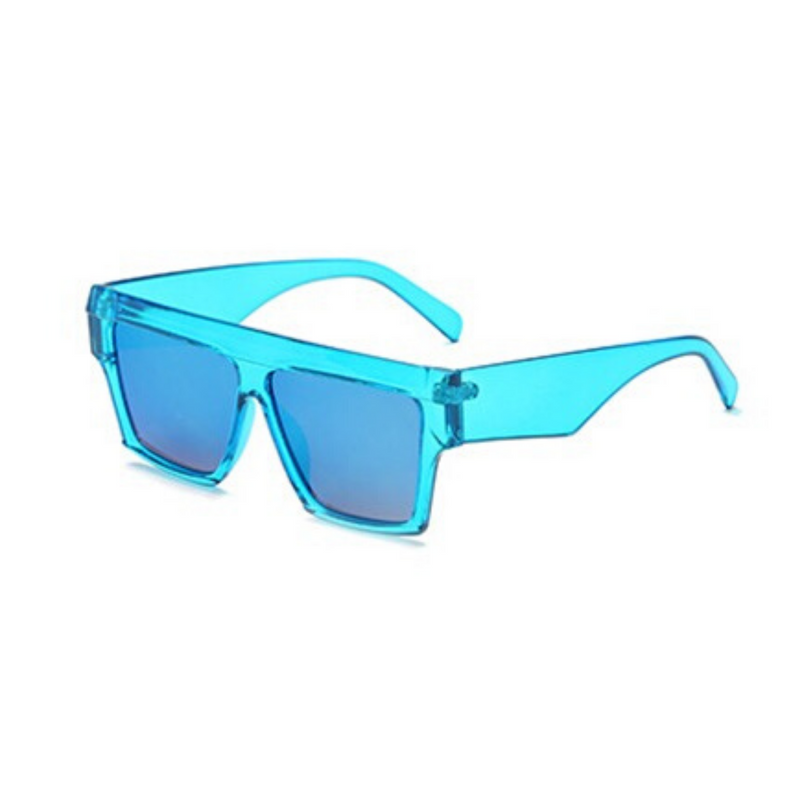 Side view of blue, flat square sunglasses, with mirror lenses. 
