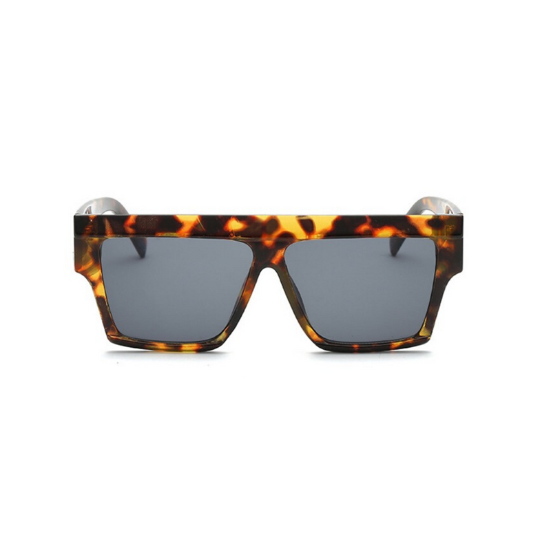 Front view of leopard print, square sunglasses, with dark lenses.