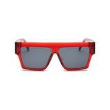 Front view of red, flat square sunglasses, with dark lenses.