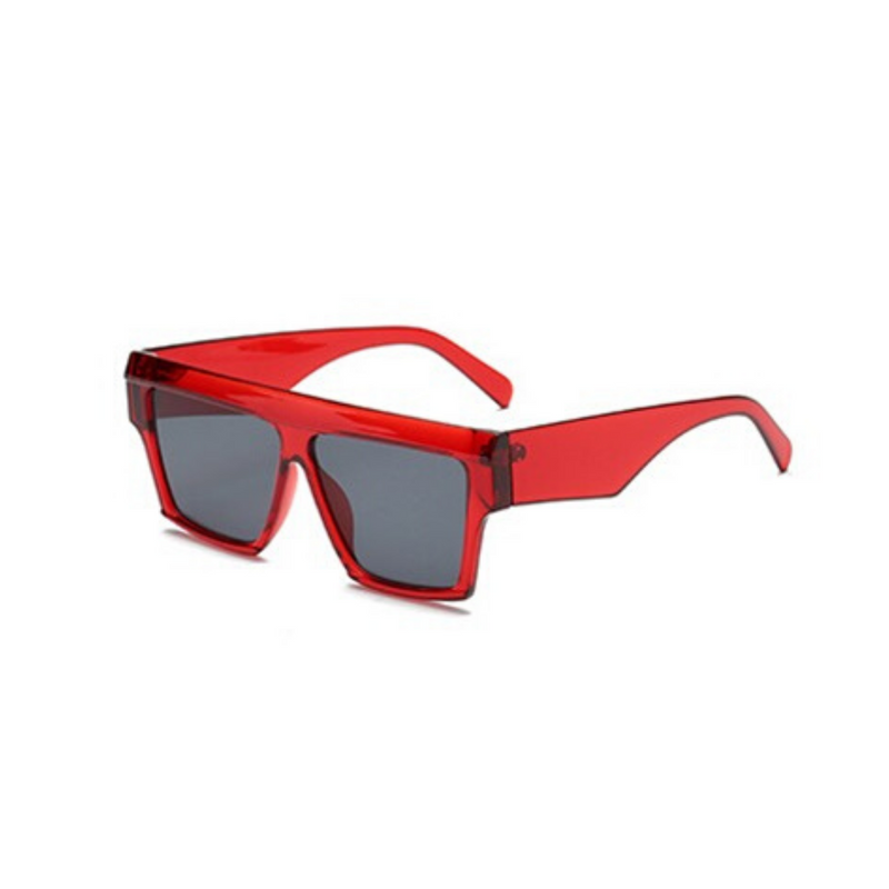 Side view of red, flat square sunglasses, with dark lenses.