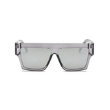 Front view of silver, flat square sunglasses, with mirror lenses.