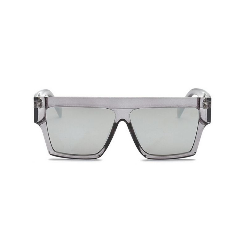 Front view of silver, flat square sunglasses, with mirror lenses.