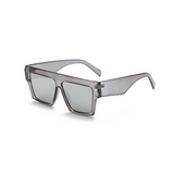 Side view of silver, flat square sunglasses, with mirror lenses.