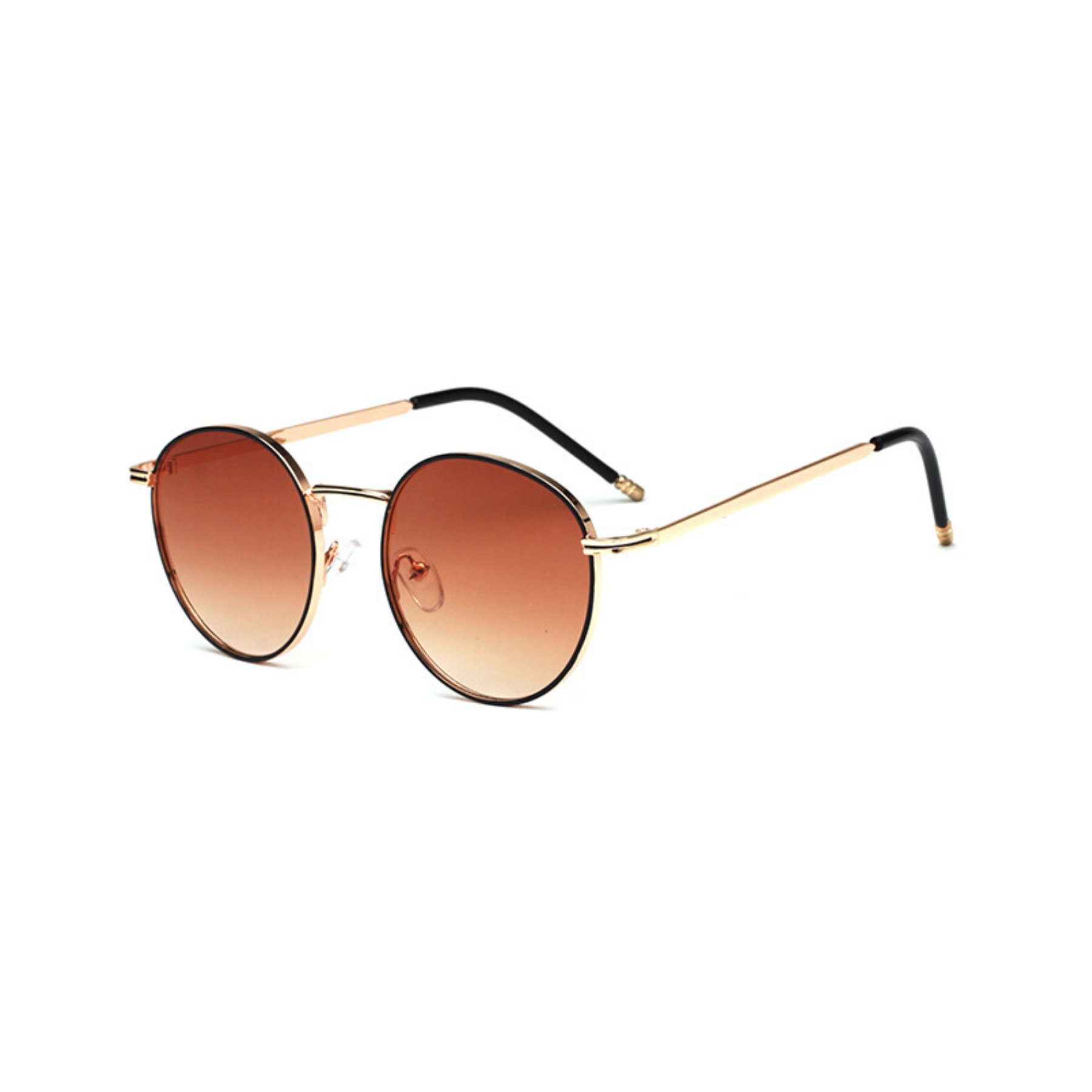 Side view of brown retro sunglasses, with dark lenses