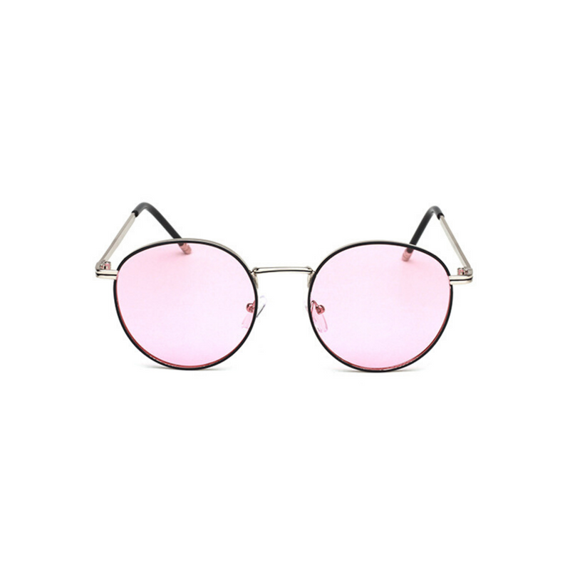 Front view of pink, circle sunglasses, with pink tinted lenses.