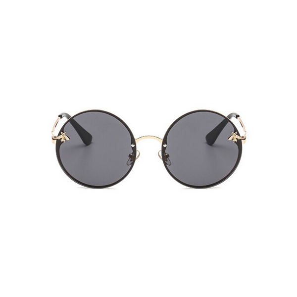 Front view of black, large circle sunglasses, with dark lenses and bee detail on the lenses.