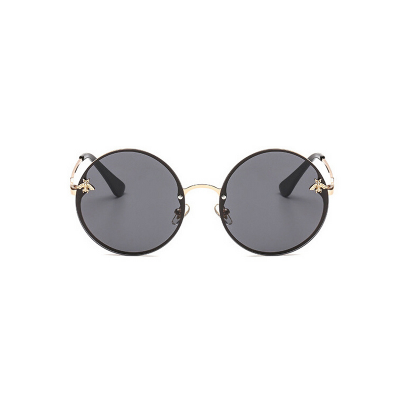 Front view of black, large circle sunglasses, with dark lenses and bee detail on the lenses.