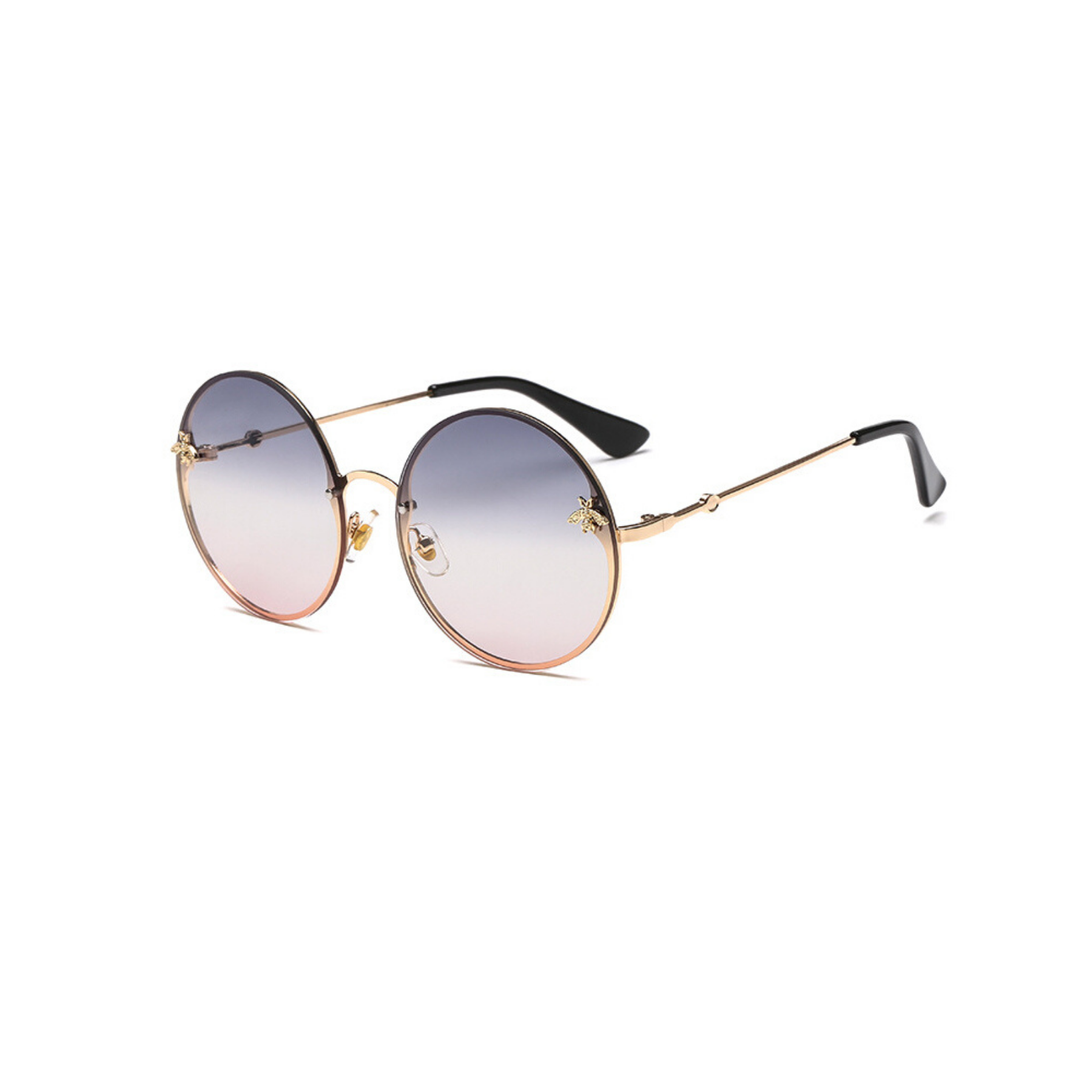 Side view of grey and pink, large circle sunglasses, with tinted lenses and bee detail on the lenses.