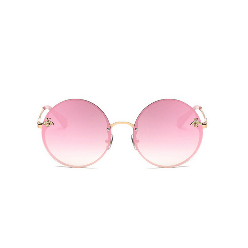 Front view of pink, large circle sunglasses, with mirror lenses and bee detail on the lenses.
