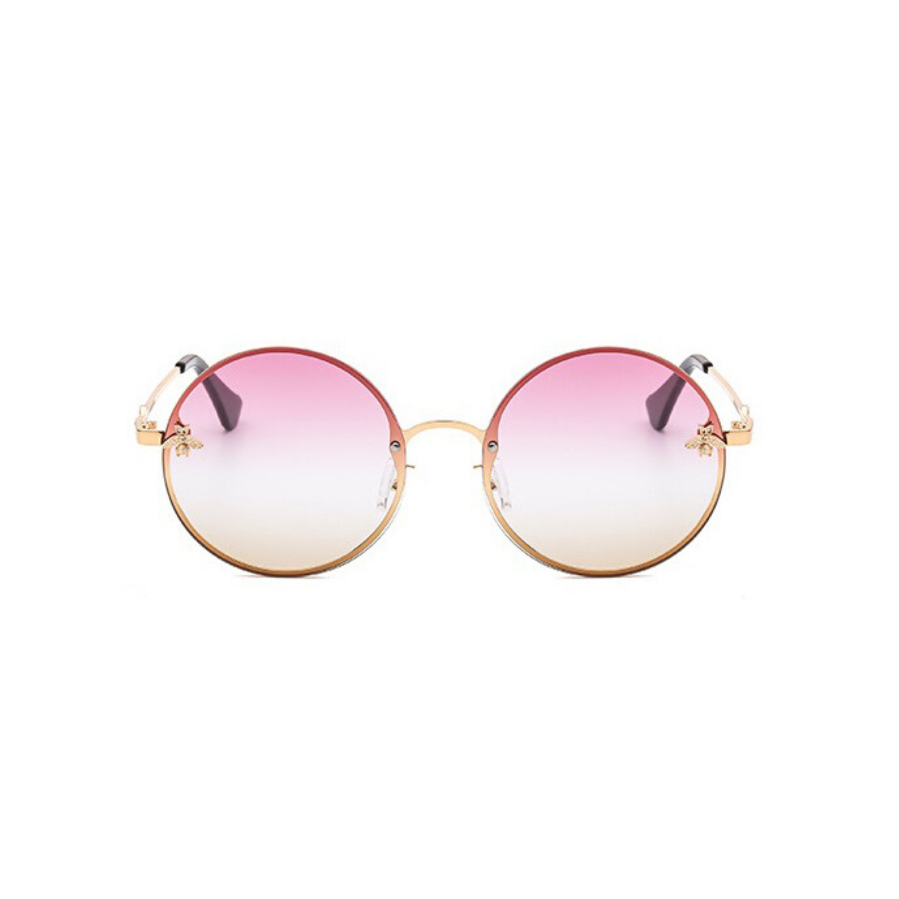Front view of pink and yellow, large circle sunglasses, with tinted lenses and bee detail on the lenses.