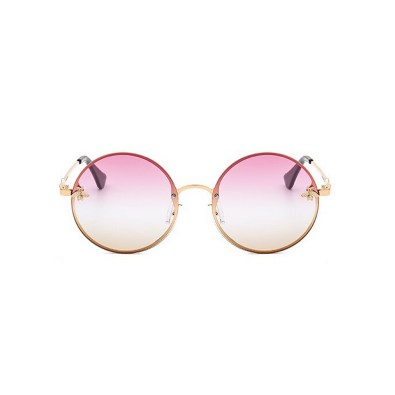 Front view of pink and yellow, large circle sunglasses, with tinted lenses and bee detail on the lenses.
