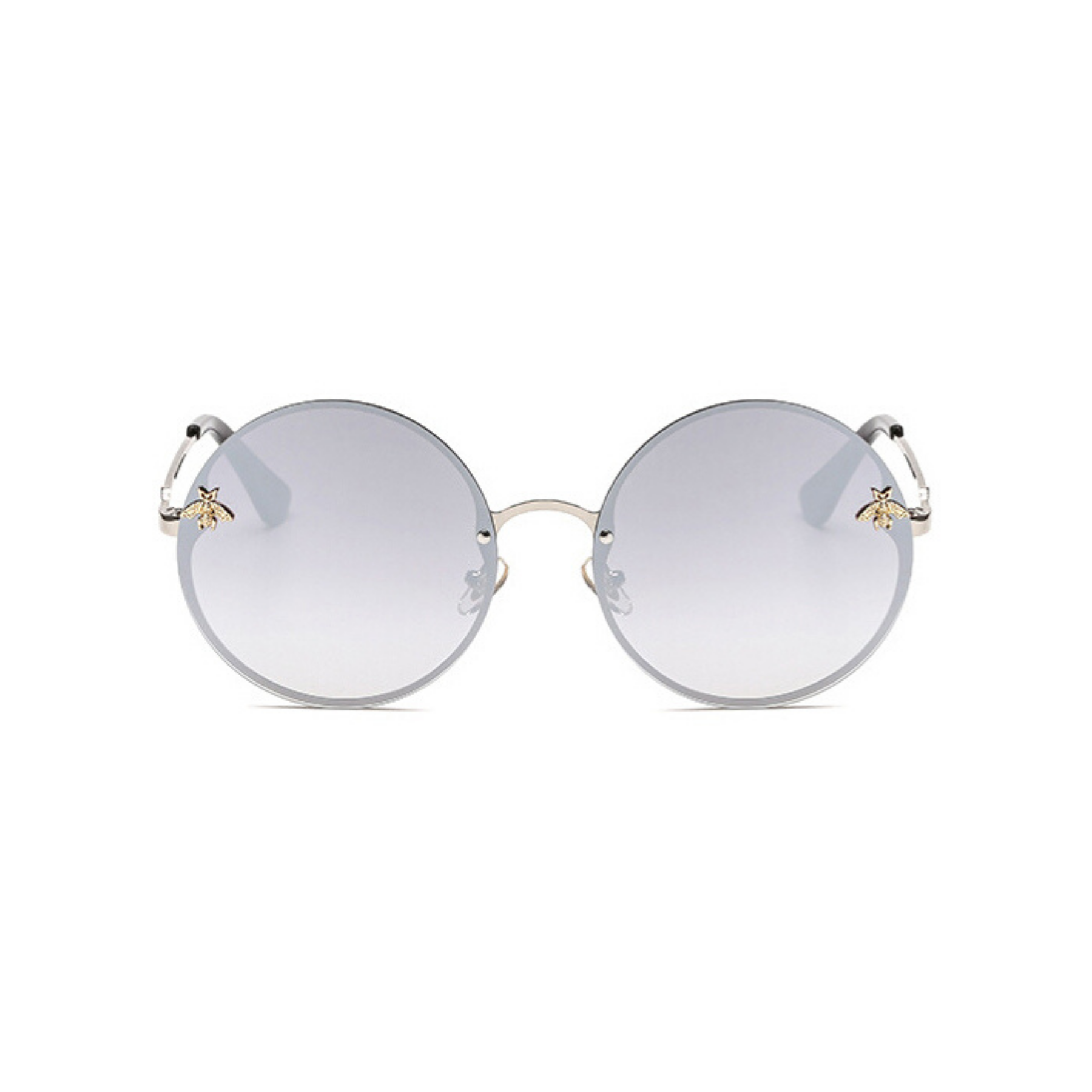 Front view of silver, large circle sunglasses, with mirror lenses and bee detail on the lenses.
