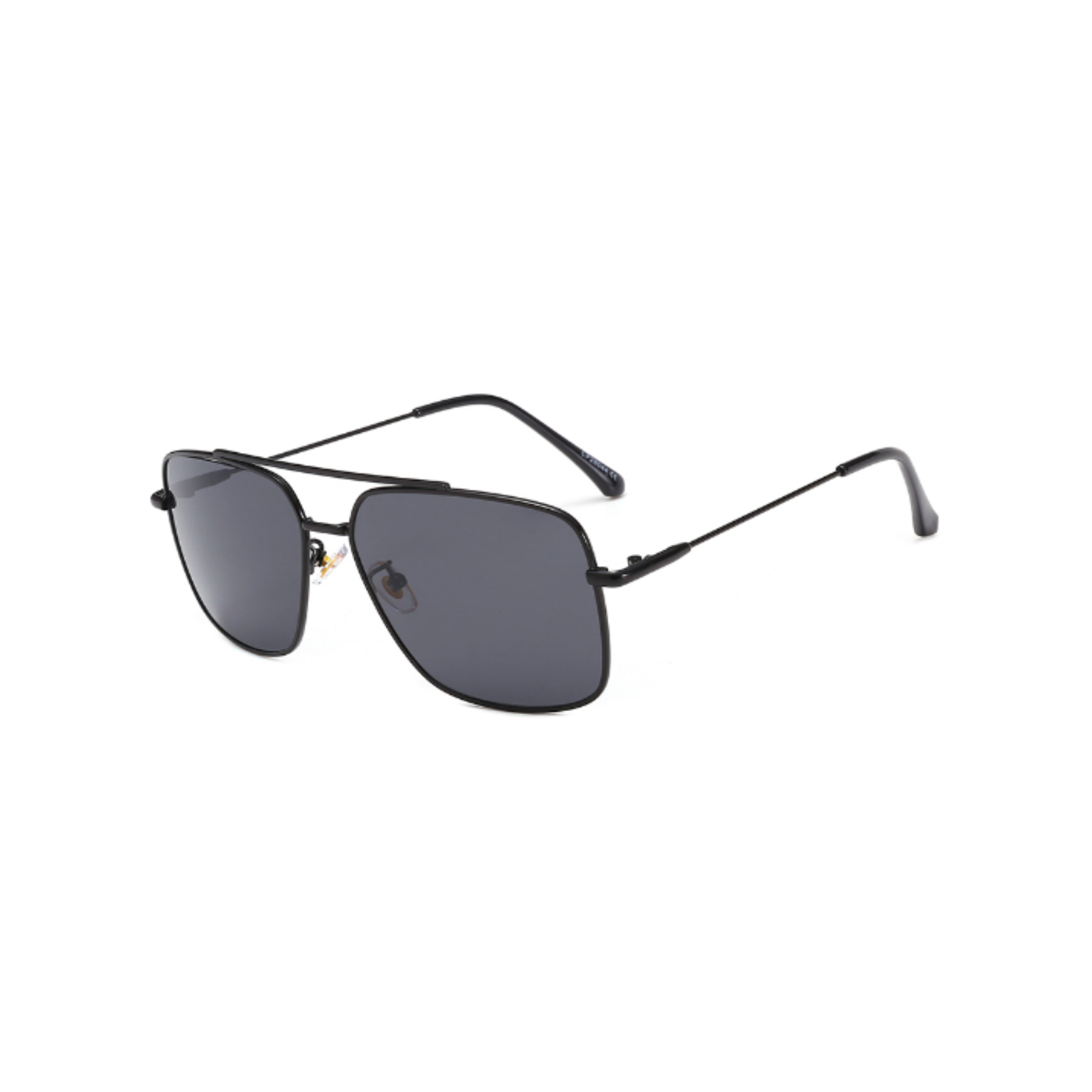 Side view of black, square sunglasses, with dark lenses.