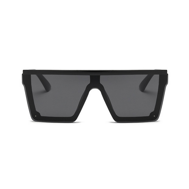 Front view of black, square block sunglasses, with dark lenses.