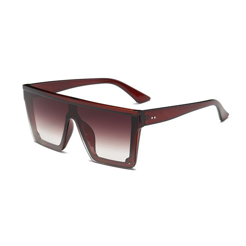 Side view of brown, square block sunglasses, with brown gradient lenses.