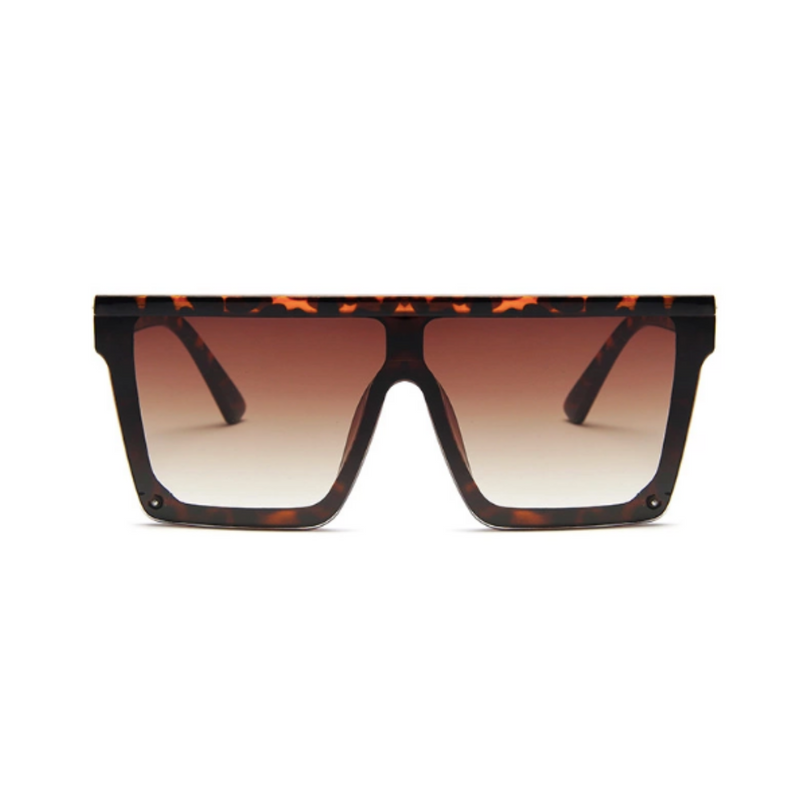 Front view of leopard, square block sunglasses, with brown gradient lenses.