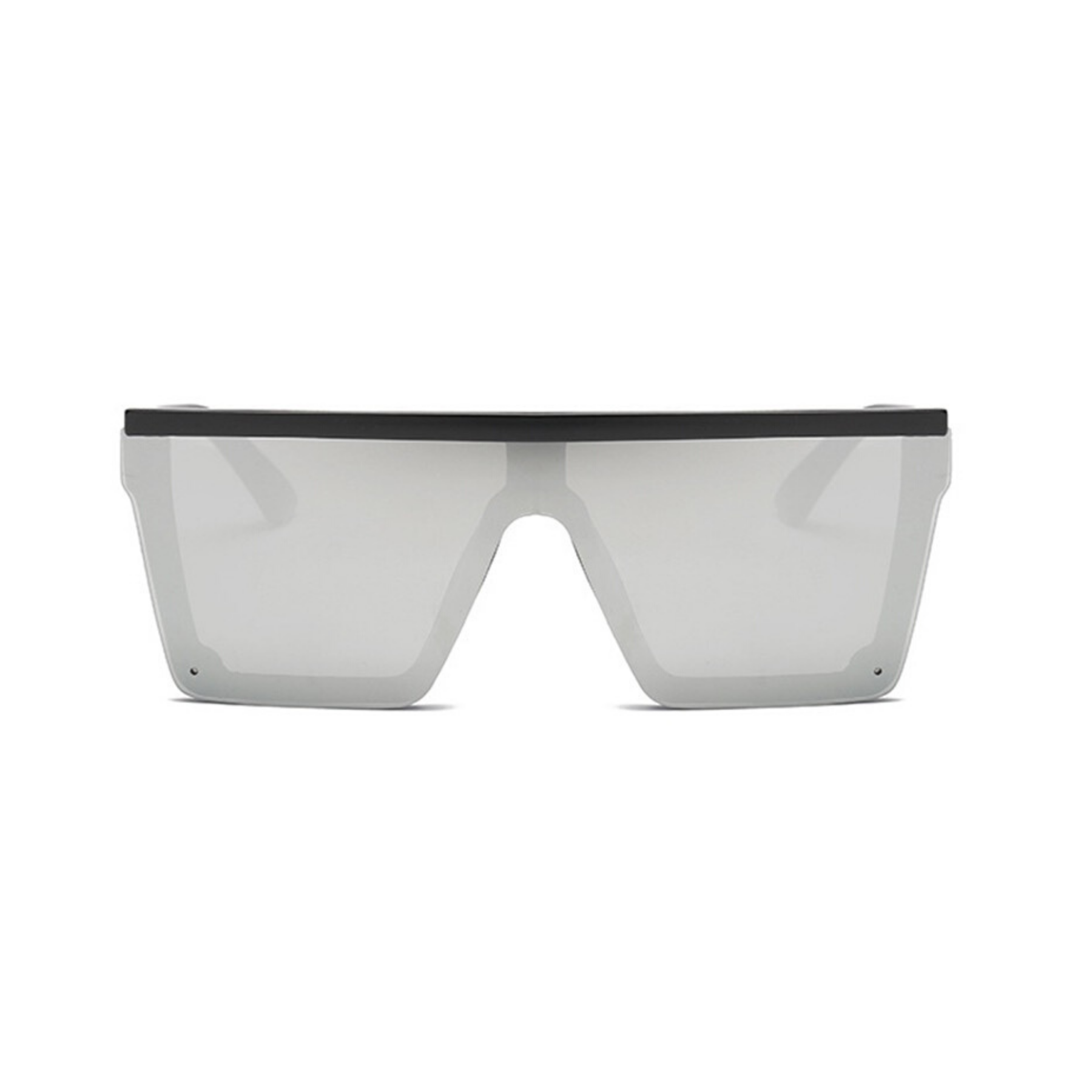 Front view of silver, square block sunglasses, with mirror lenses.