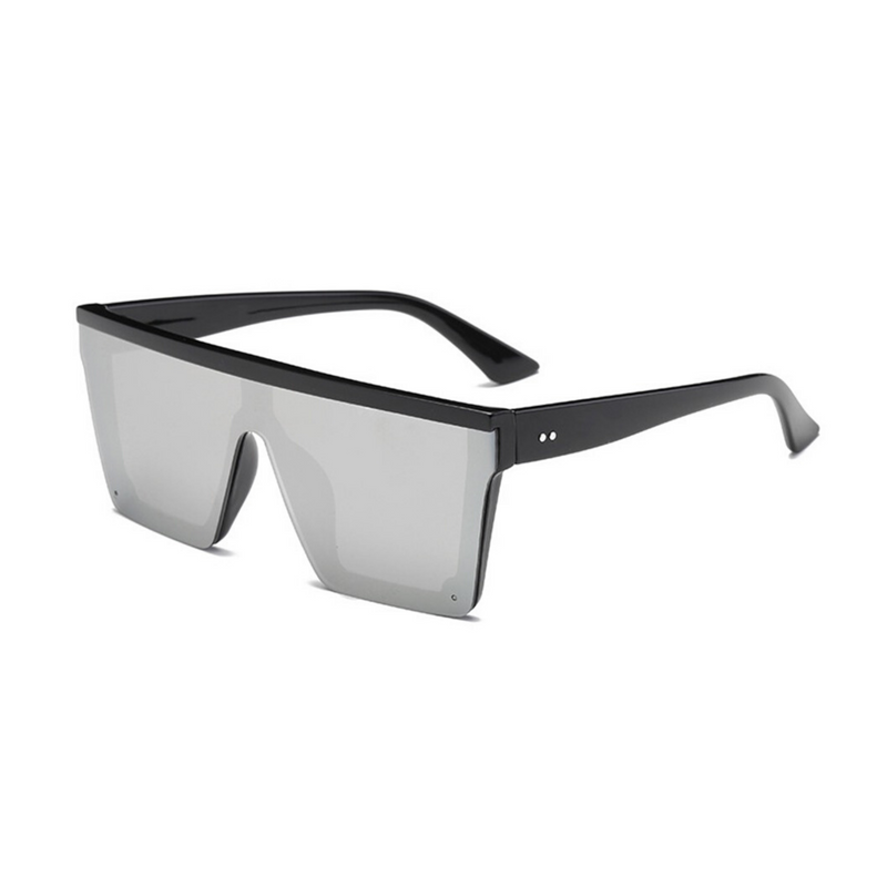 Side view of silver, square block sunglasses, with mirror lenses.