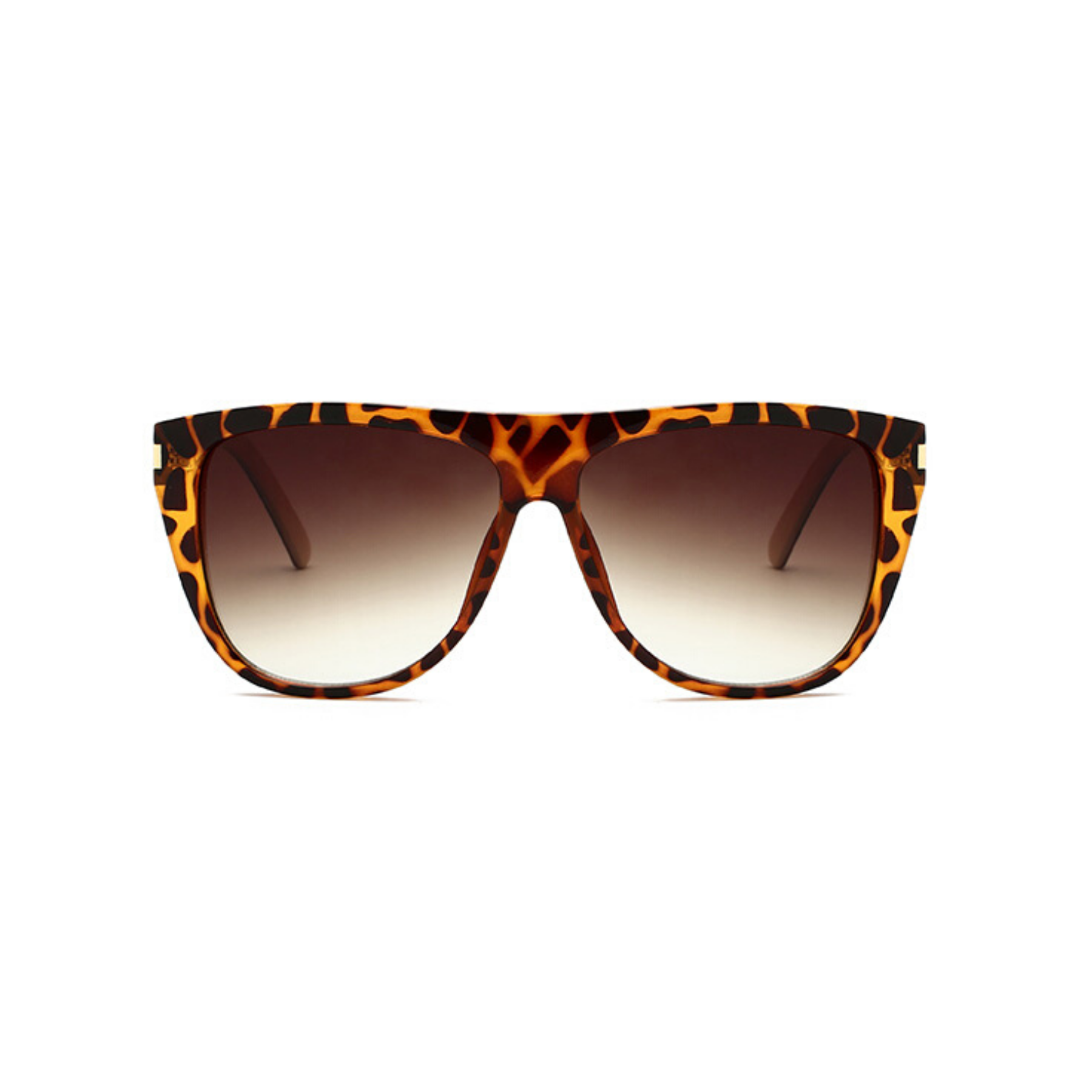 Front view of leopard, square sunglasses, with dark lenses.
