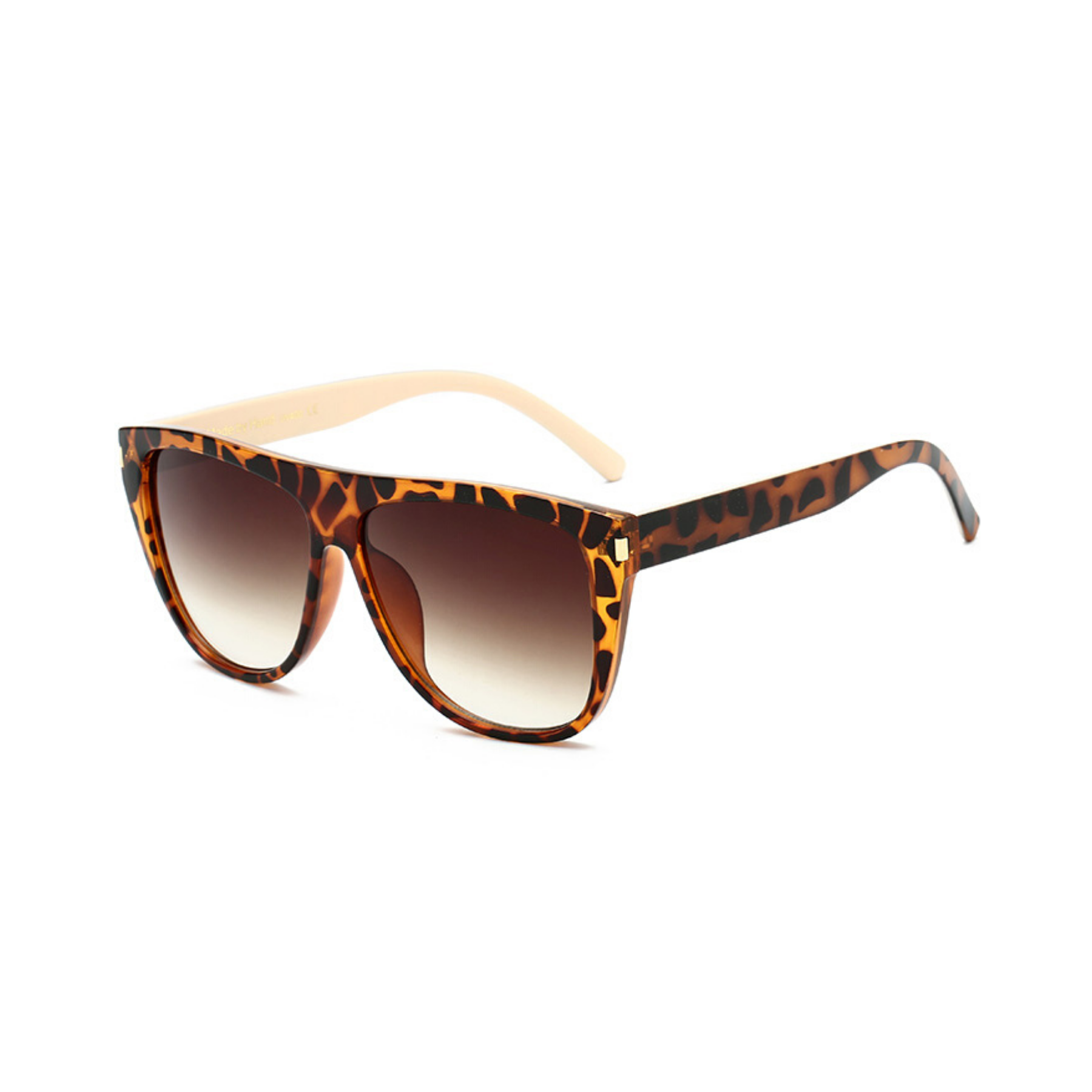 Side view of leopard, square sunglasses, with dark lenses.