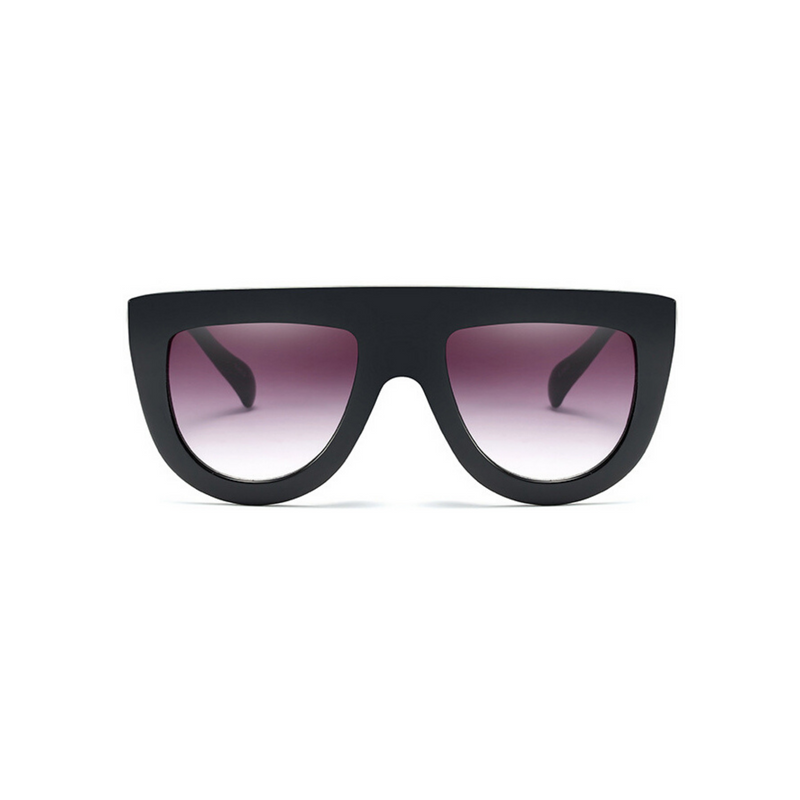 Side view of black, flat top oversized sunglasses, with black gradient lenses.