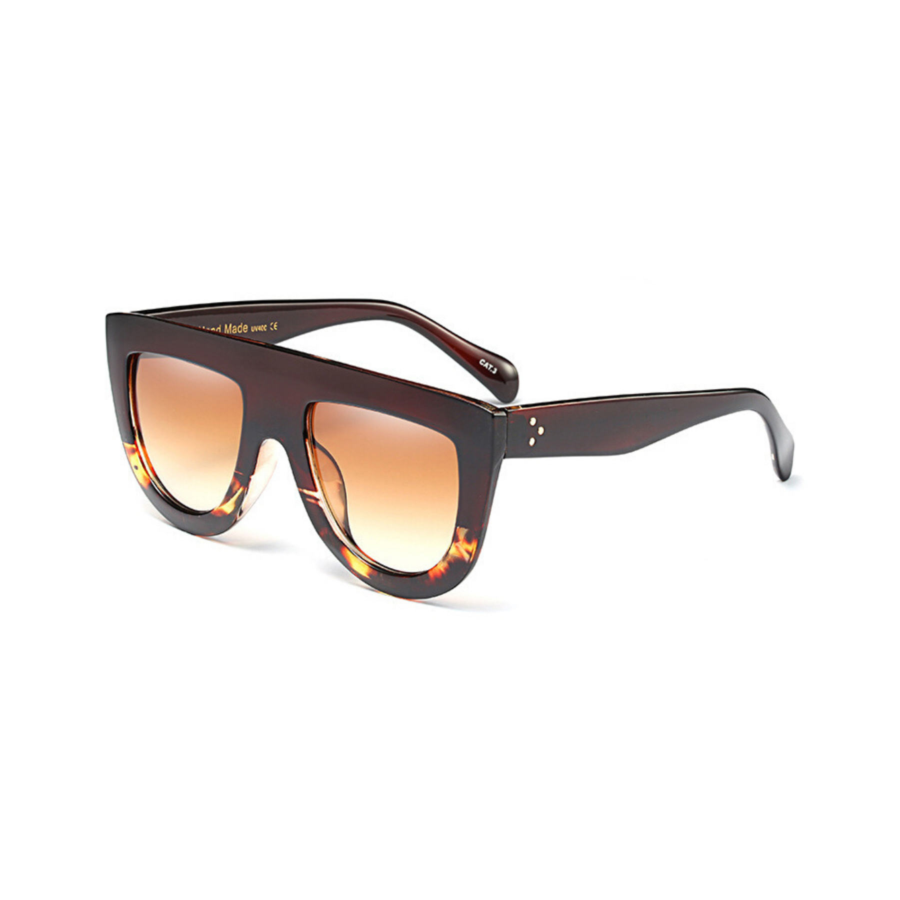 Side view of black and leopard, flat top oversized sunglasses, with brown tinted lenses.