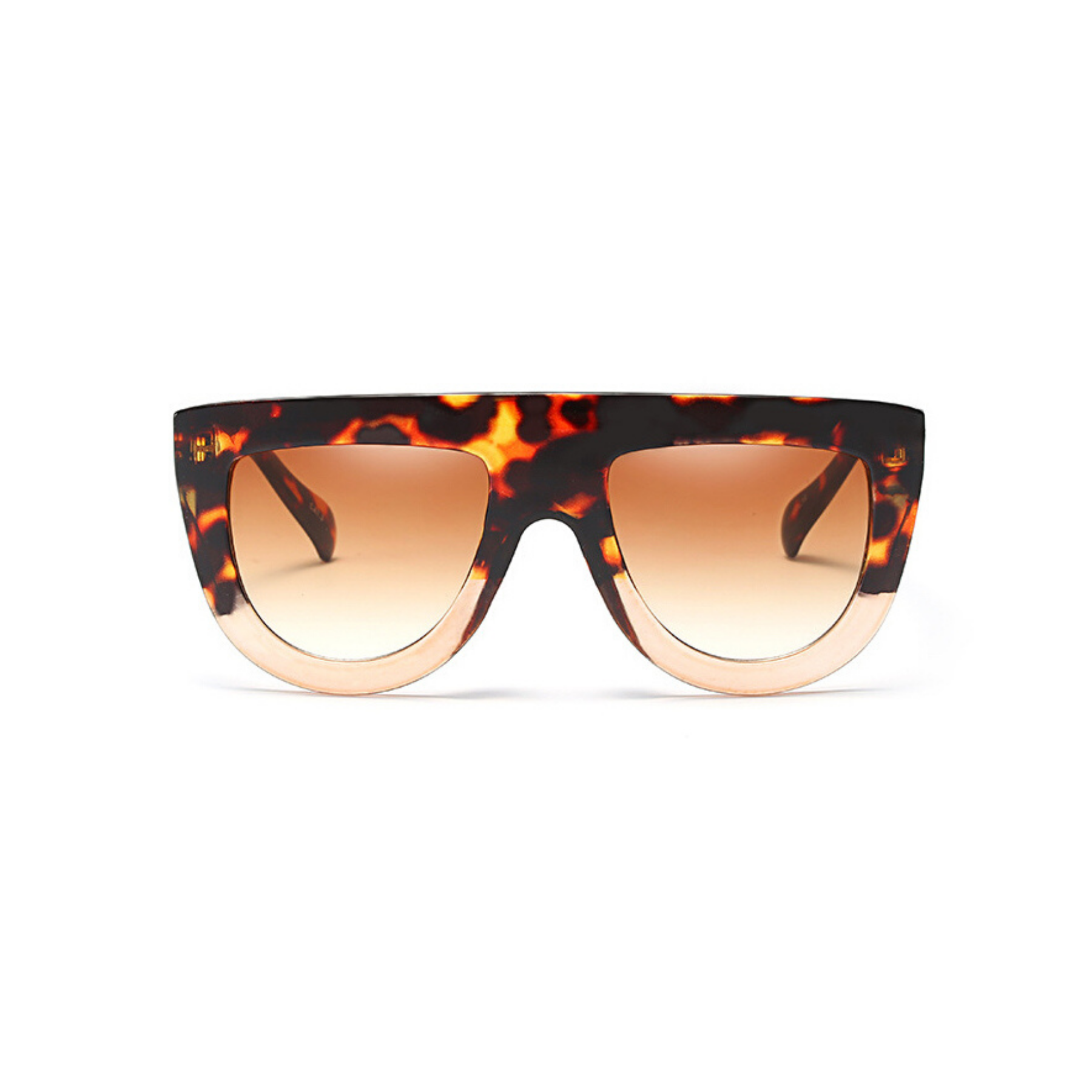 Front view of leopard and clear, flat top oversized sunglasses, with brown tinted lenses.
