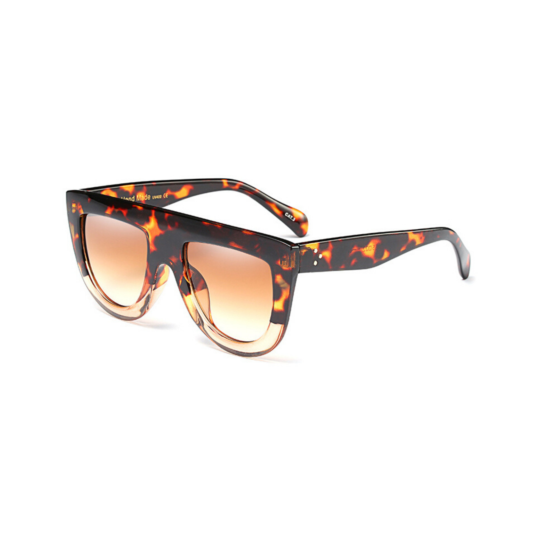 Side view of leopard and clear, flat top oversized sunglasses, with brown tinted lenses.