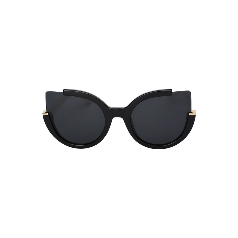 Front view of black, large cat eye sunglasses, with dark lenses.