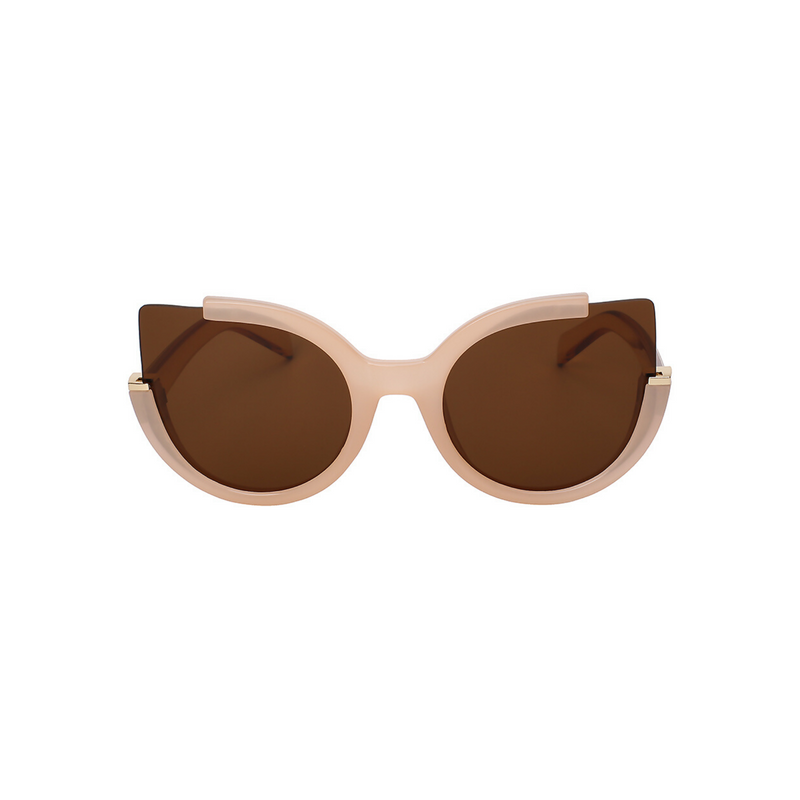 Front view of brown, large cat eye sunglasses, with dark lenses.