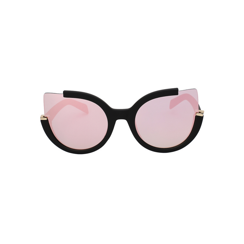 Front view of pink, large cat eye sunglasses, with mirror lenses.